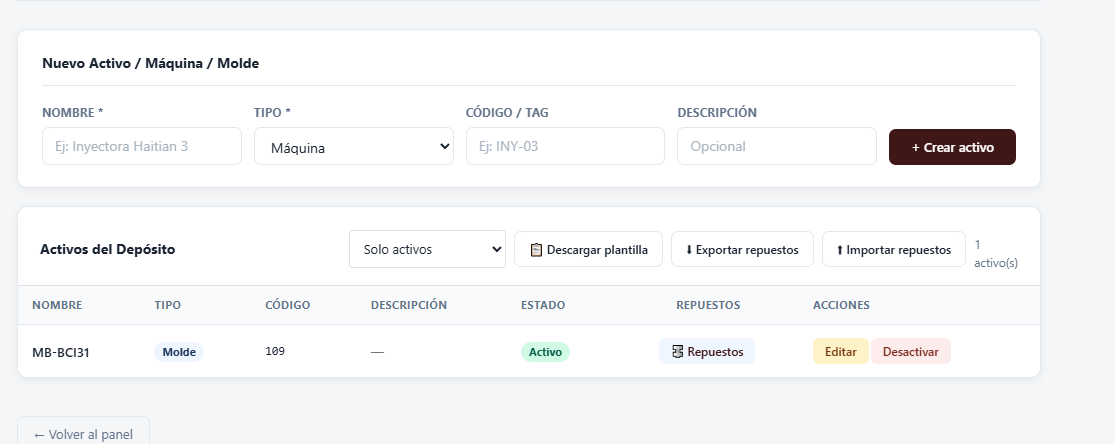 Alta de activos, máquinas y moldes en GenStock con nombre, tipo, código y repuestos asociados