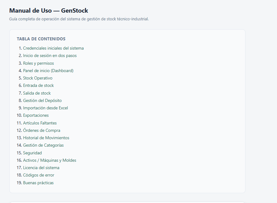 Manual de uso de GenStock con el índice de las secciones del sistema