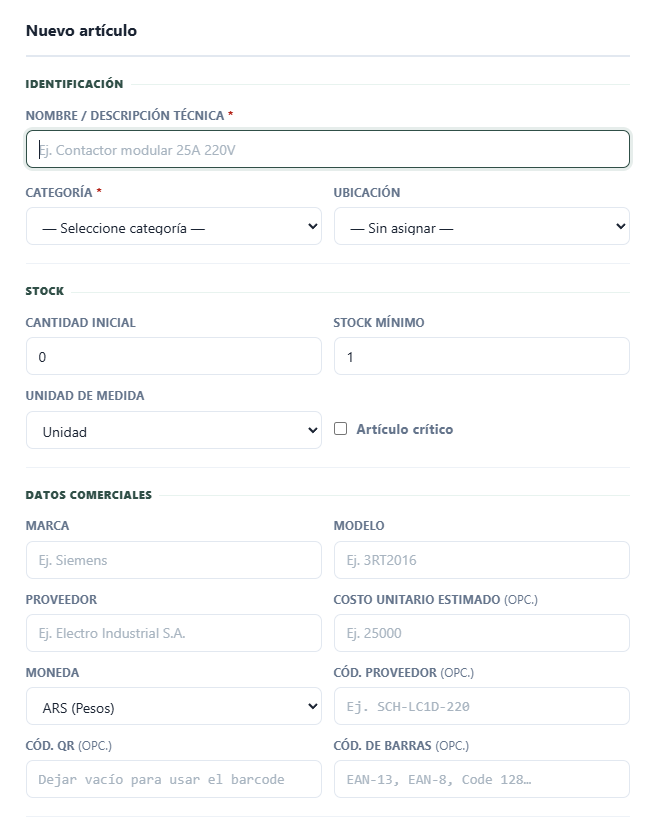 Formulario de alta de artículo en GenStock con identificación, stock mínimo, datos comerciales y códigos QR y de barras