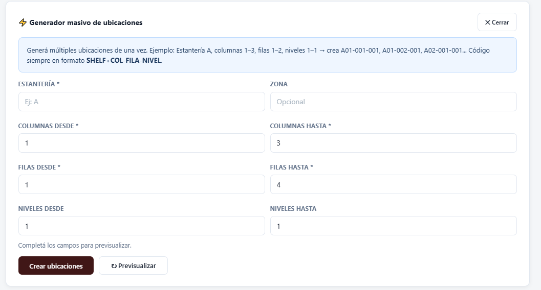 Generador masivo de ubicaciones de GenStock con estantería, columnas, filas y niveles