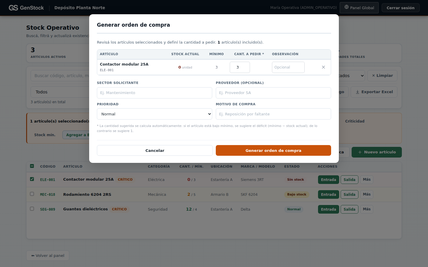 Formulario de creación de orden de compra con artículos seleccionados.